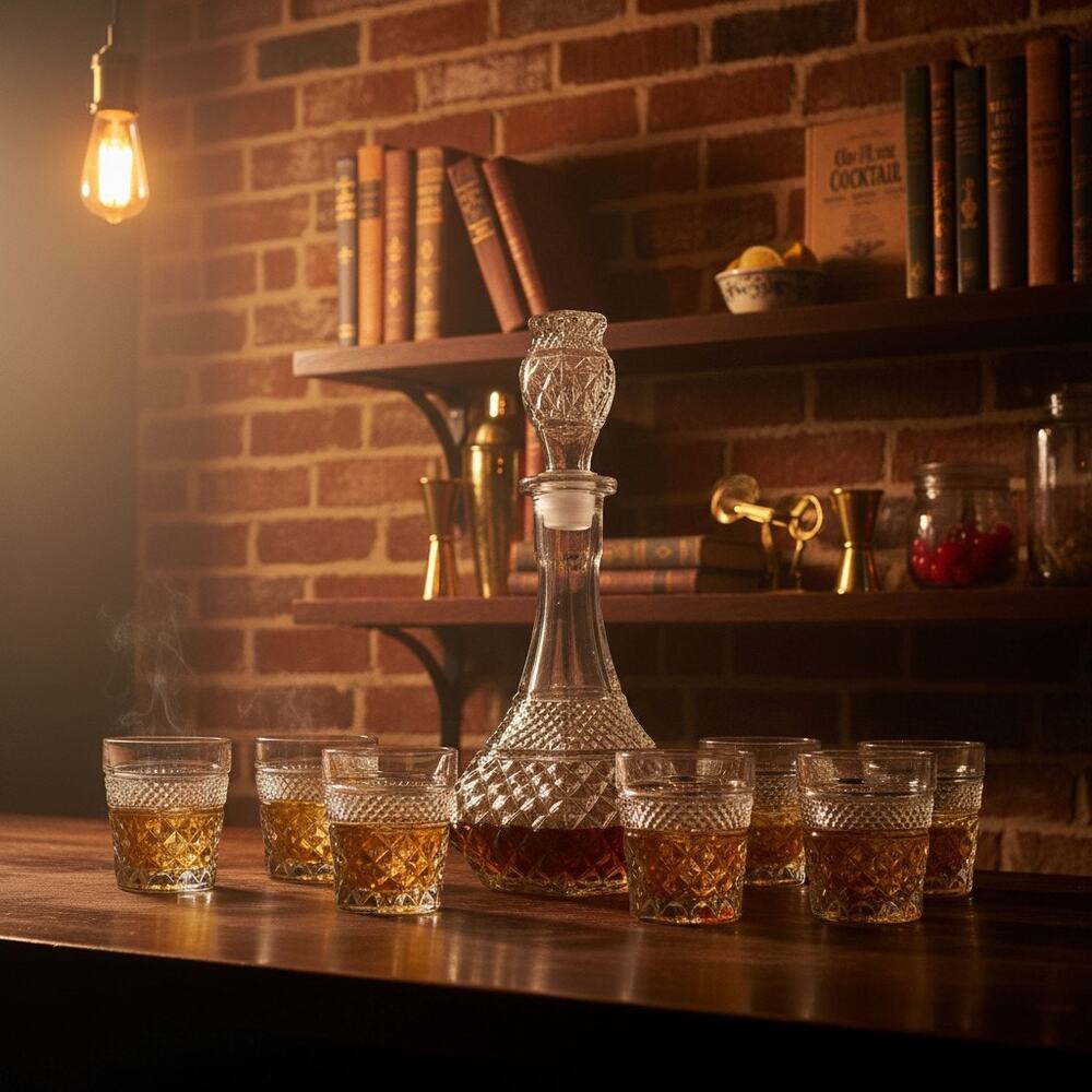 Vintage Anchor Hocking Wexford Decanter & 7 Rocks Glasses-Barware-Whiskey Set